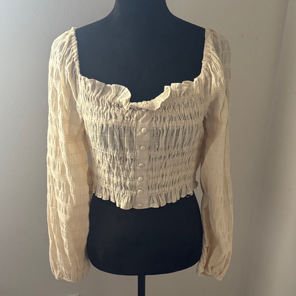 Gianni‎ Bini woven Rylee Smocked Ruffle-Trim Long Sleeve Top blouse in Sand Sz L